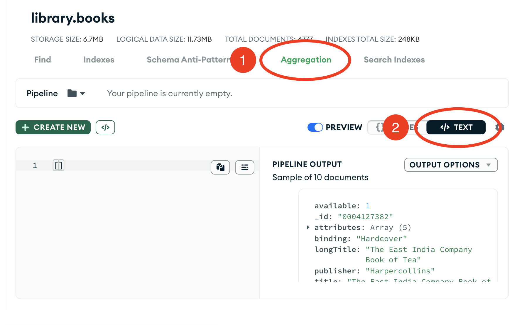 Atlas UI database deployment with aggregation tab highlighted.