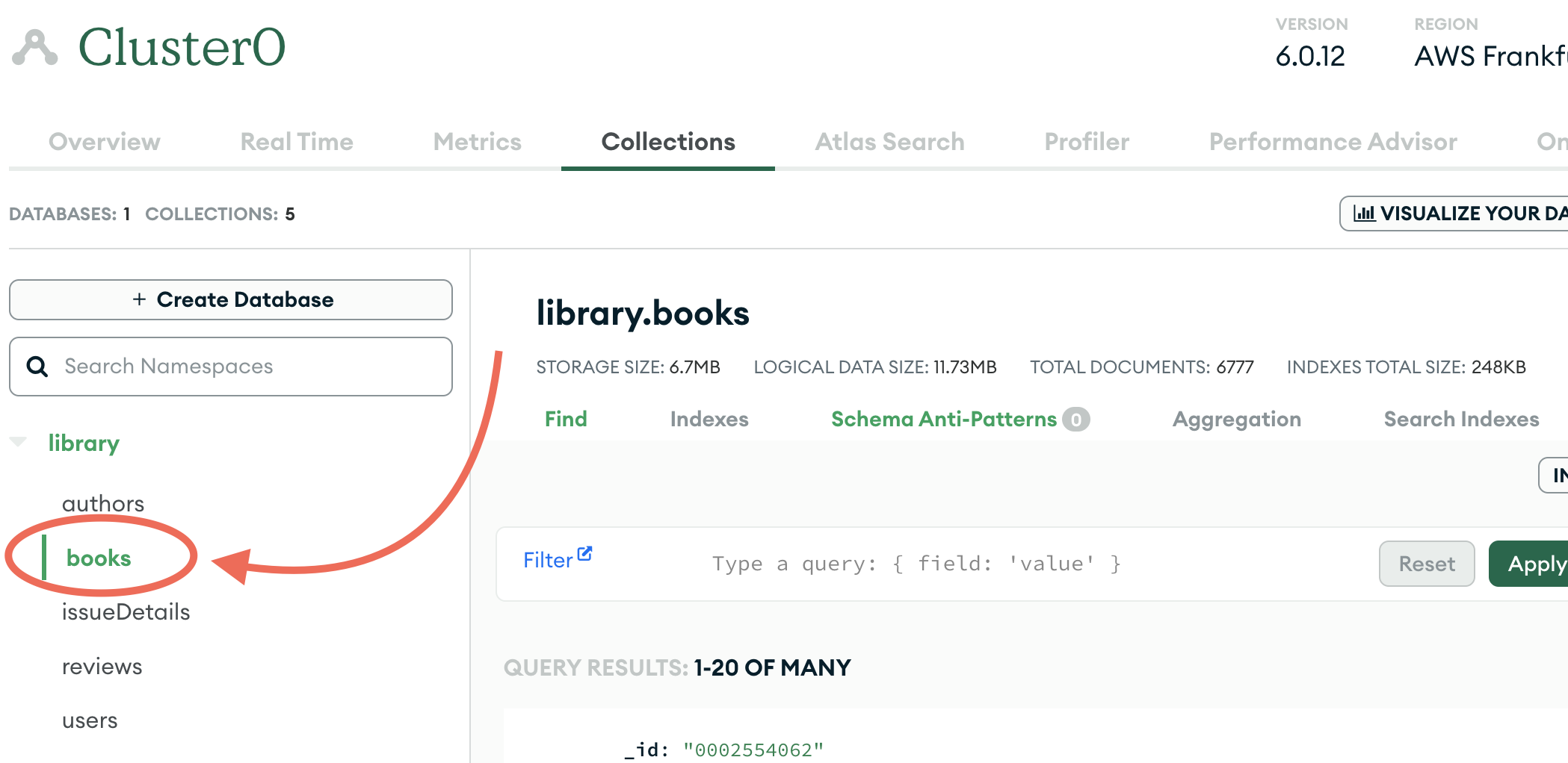 Atlas UI database deployment with the books collection highlighted.