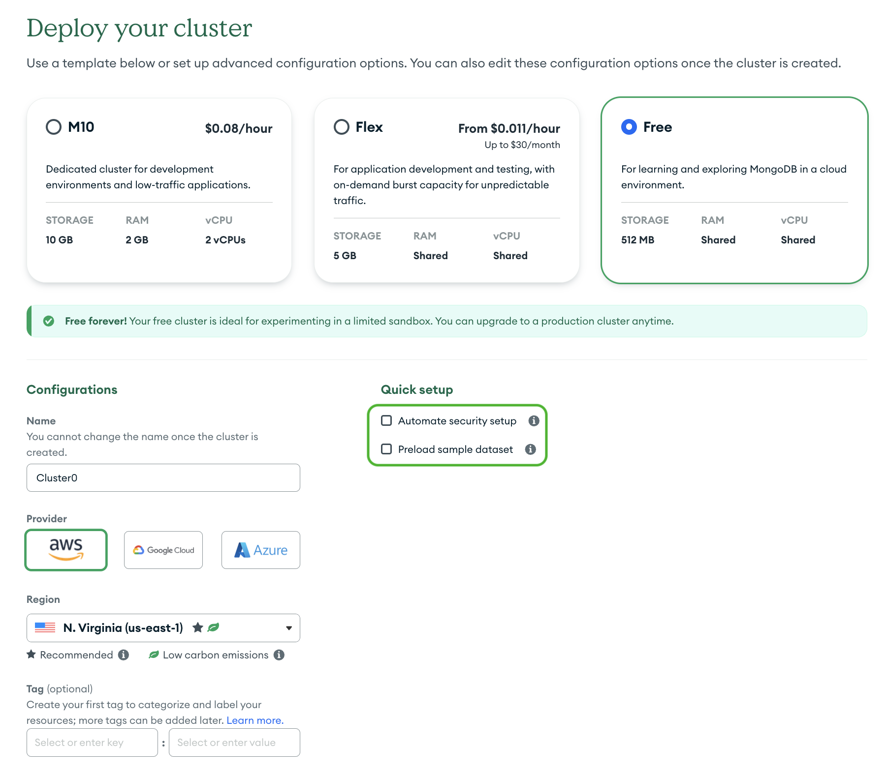 Create cluster screenshot