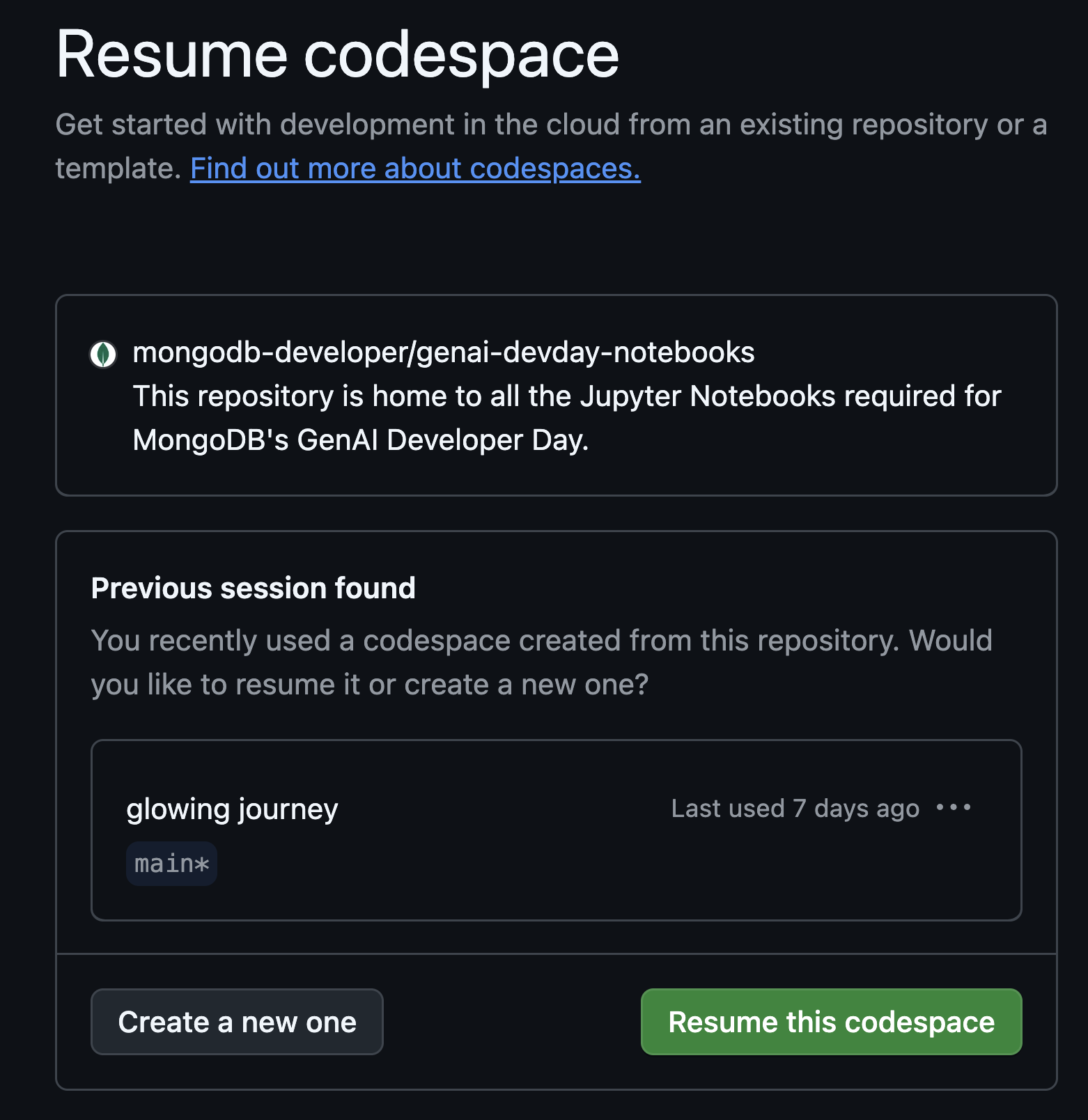 Resume codespace