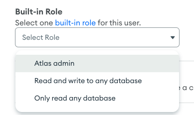 Role section dropdown with the role 'admin' highlighted