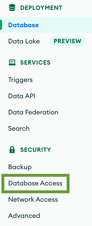 Database access highlighted in the Atlas sidemenu