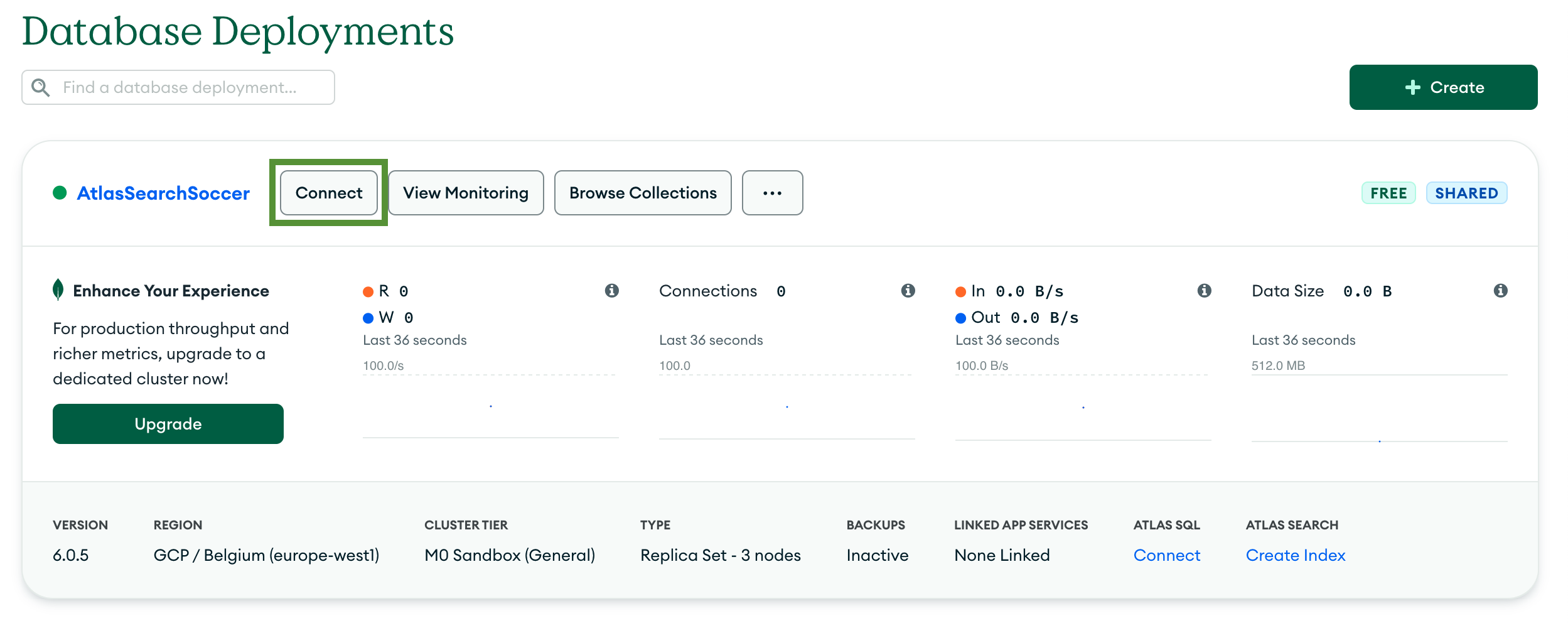 The 'Database Deployments' page with a database named 'AtlasSearchSoccer' and the Connect button highlighted