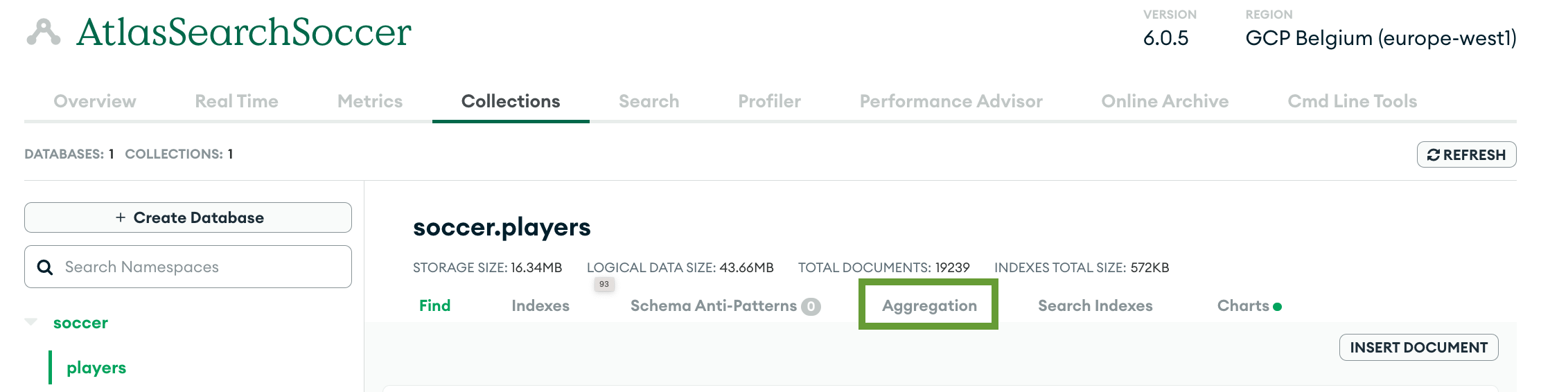 Aggregations tab highlighted on the collection details page