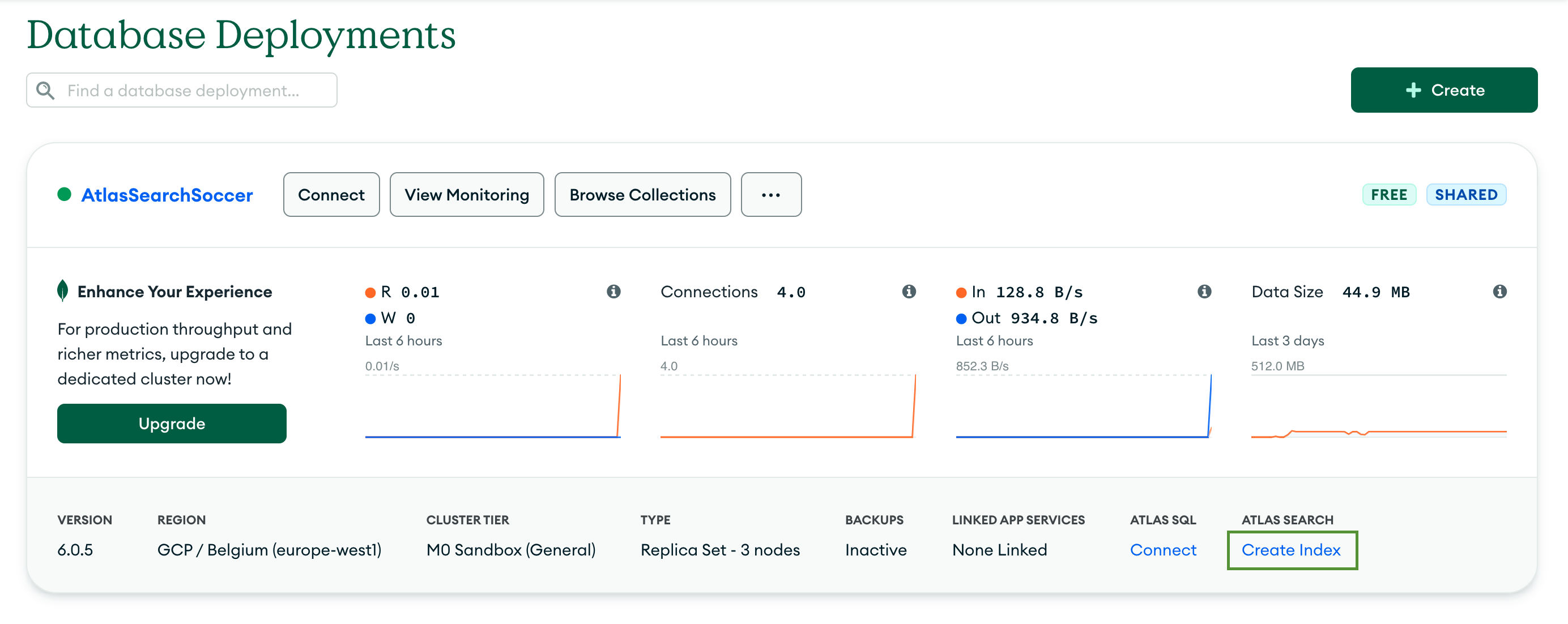 The 'Database Deployments' page with the 'Create Index' link highlighted