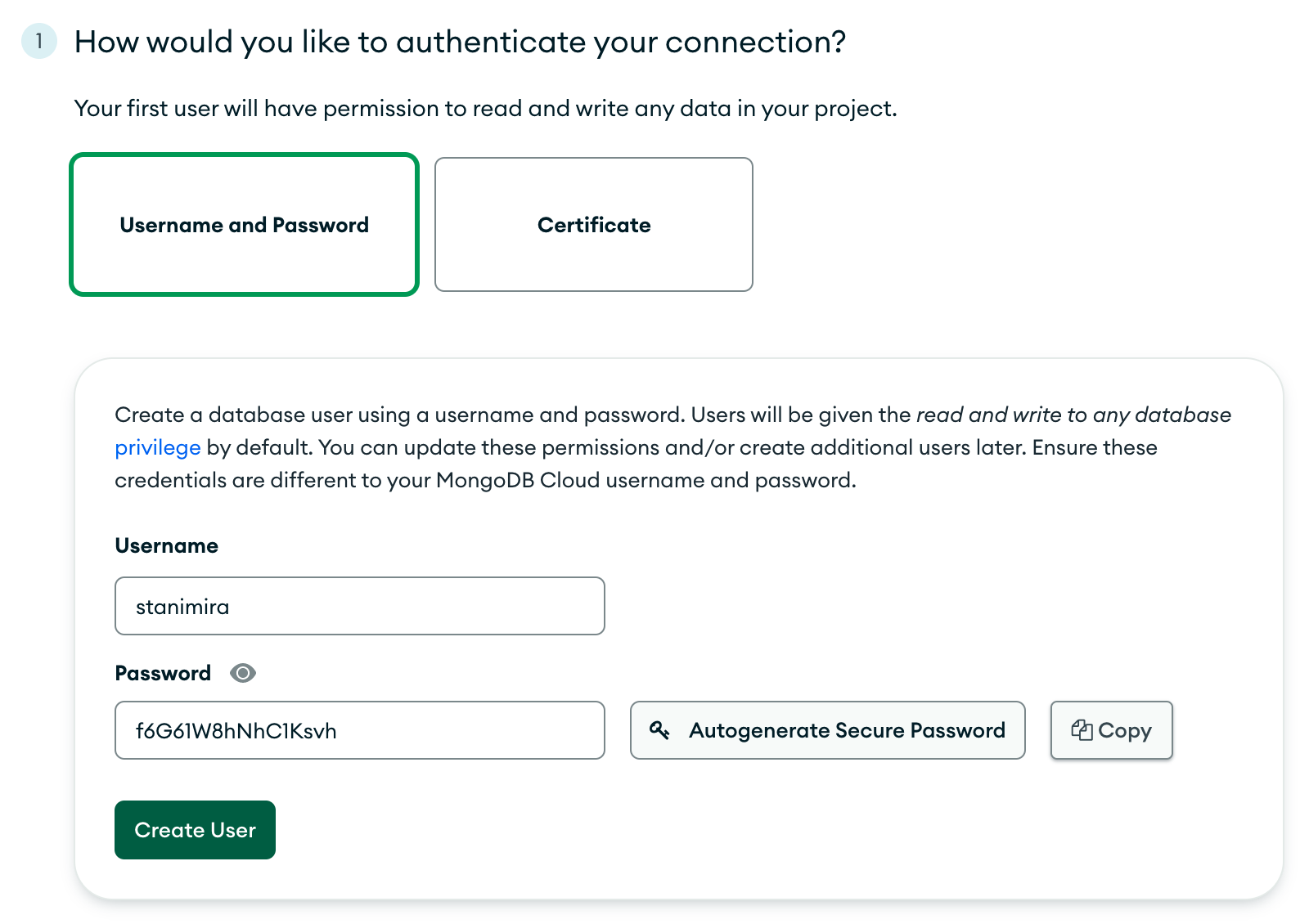 Security quickstart page showing the 'Create user' section