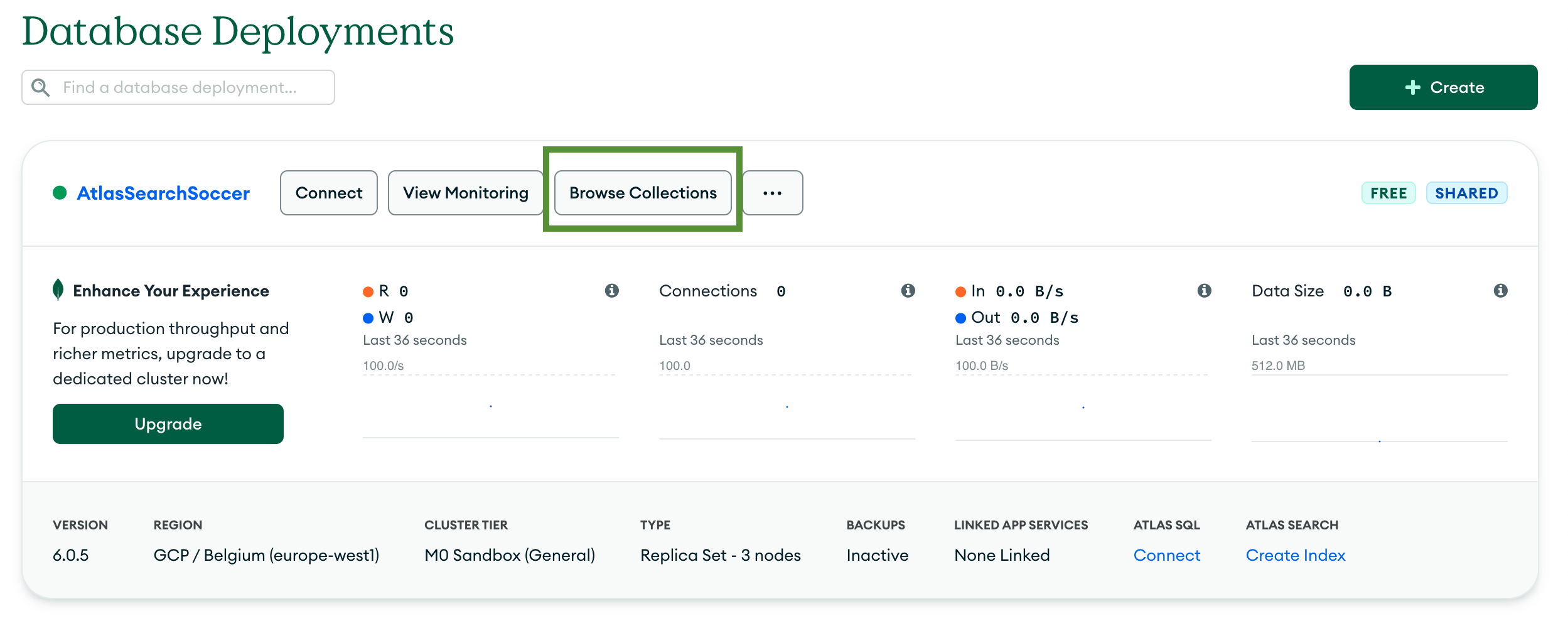 The 'Database Deployments' page with the Browse Collections button highlighted