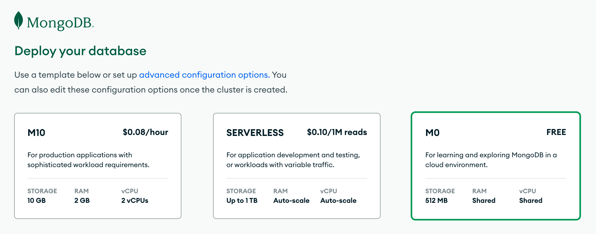 Database type selection section highlighting the M0 option