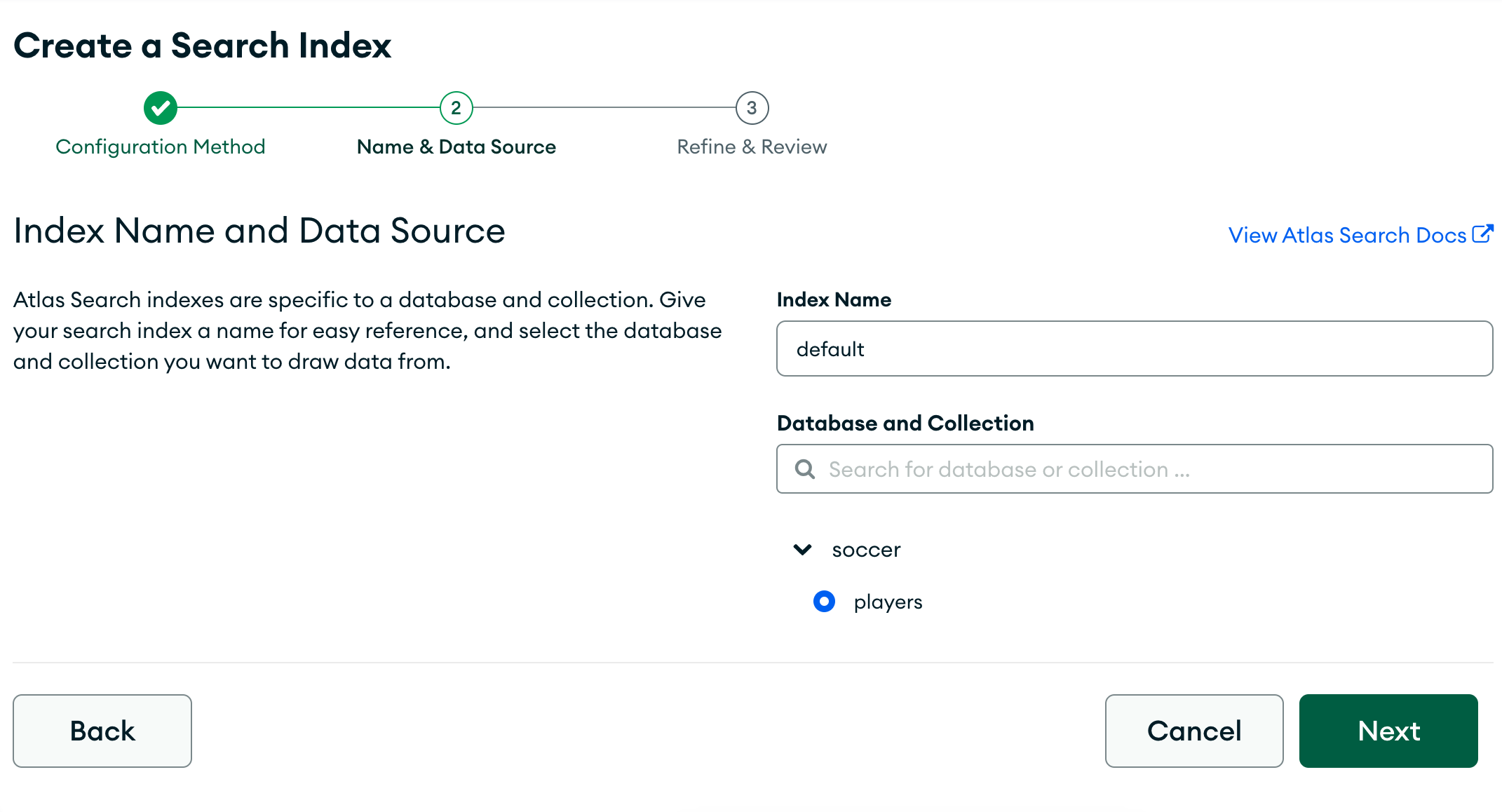 The 'Name & Data Source' step of creating a new search index