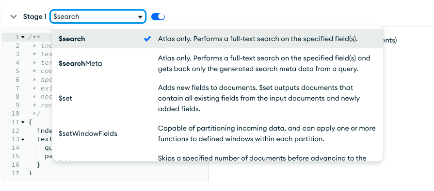 Stage 1 of the pipeline with the $search stage selected