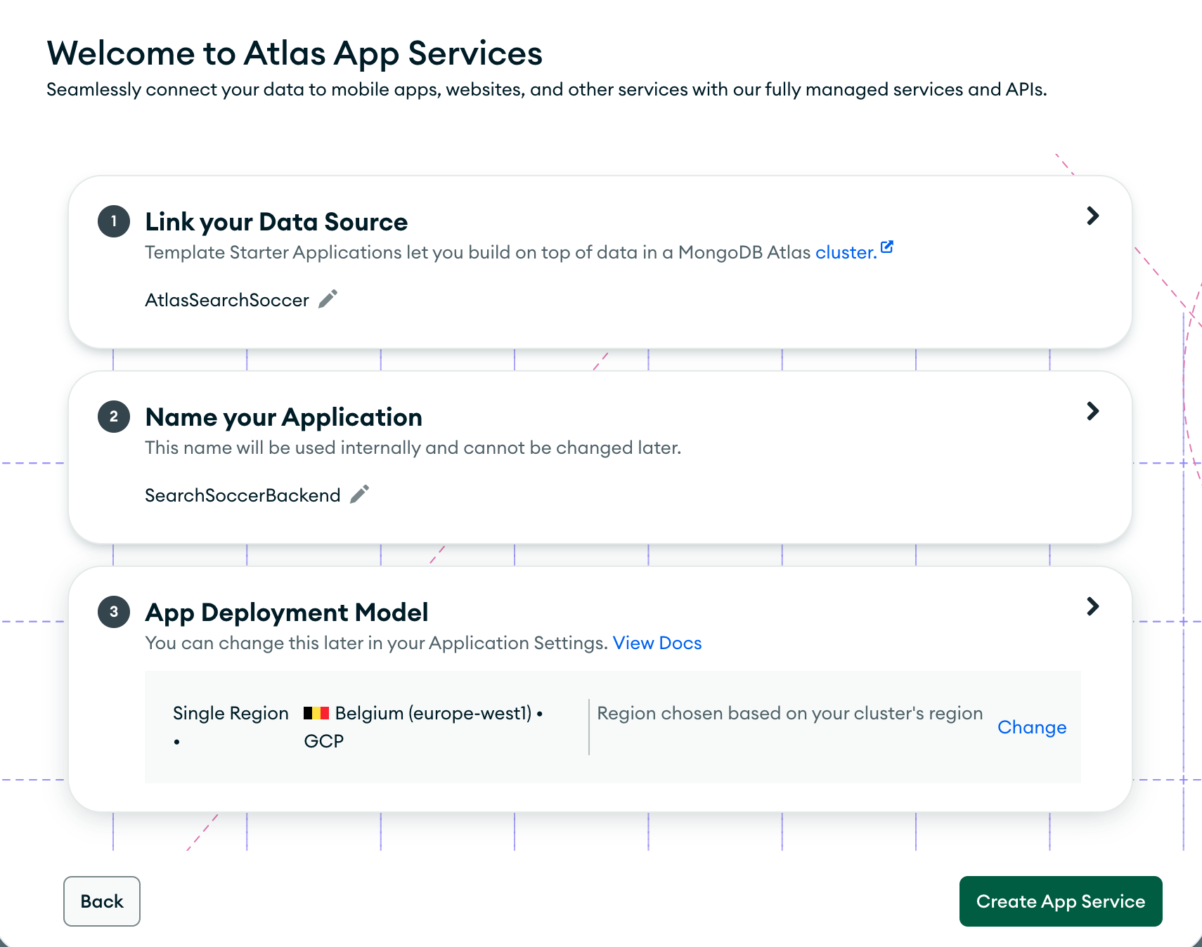 'Create App Service' configuration