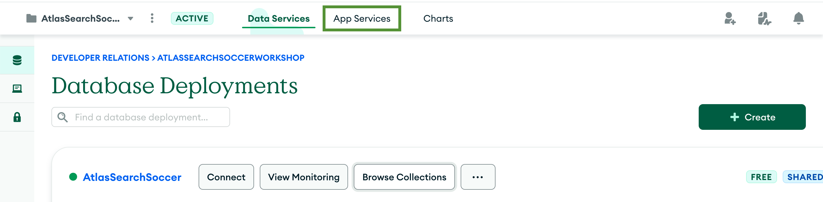 The 'Database Deployments' page with the 'App Services' tab highlighted