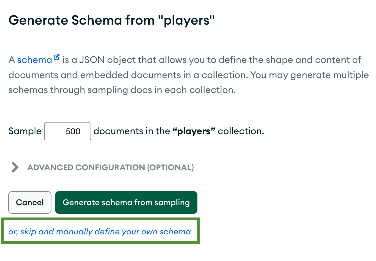 Schema configuration with the link for manually defining a schema highlighted