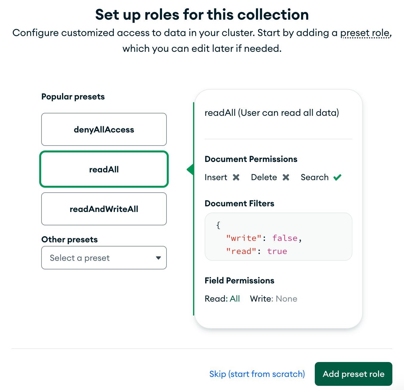 Rules configuration presets with the ReadAll preset selected