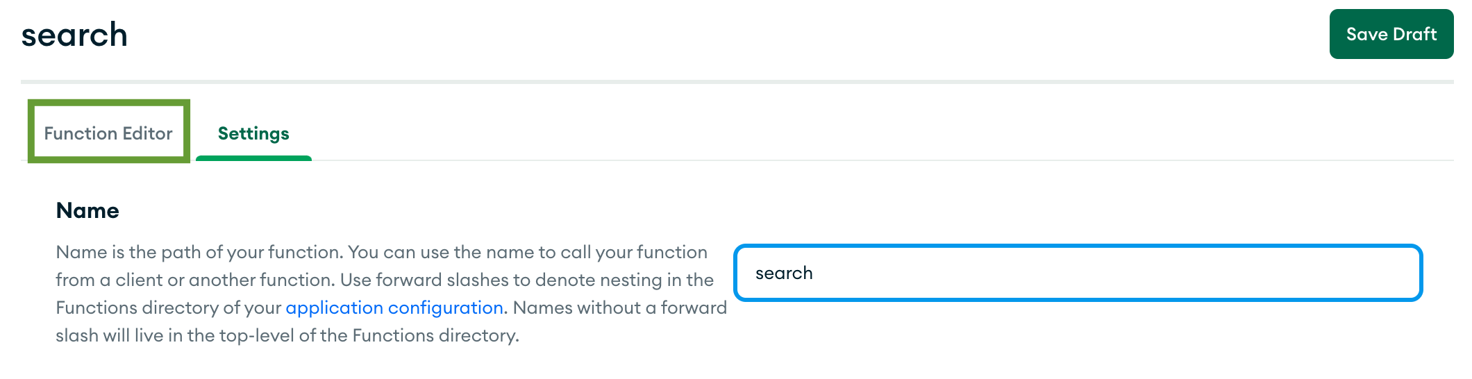 The Atlas function configuration page