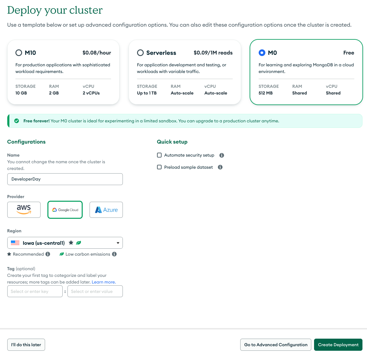 Create cluster screenshot