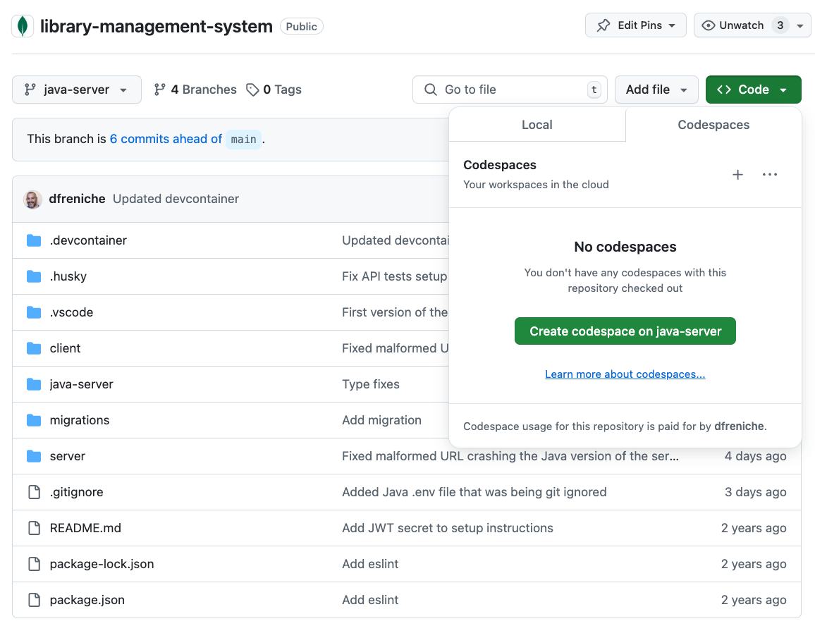 Create codespace button