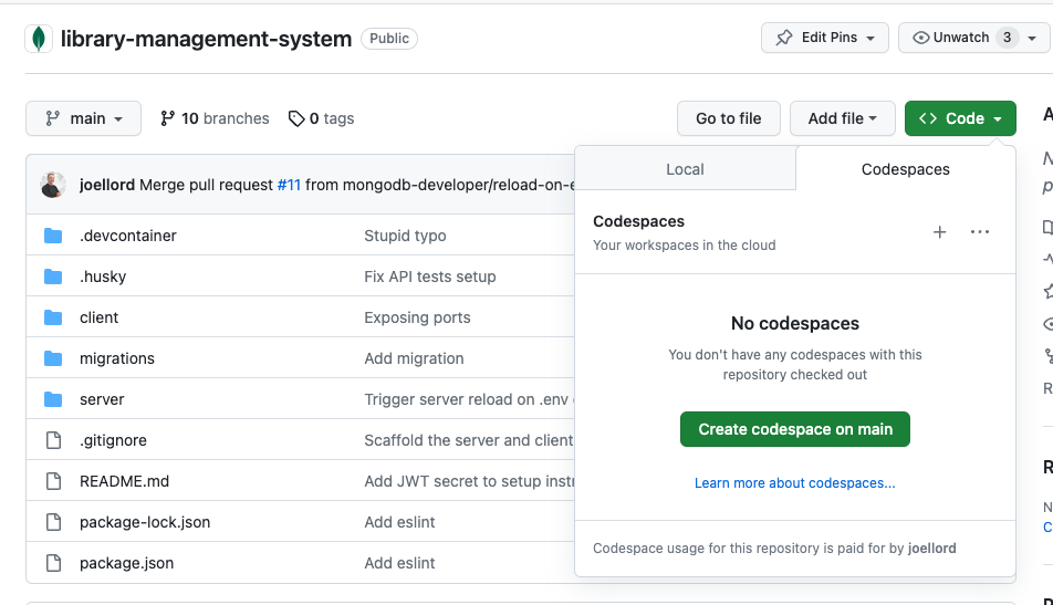 Create codespace button