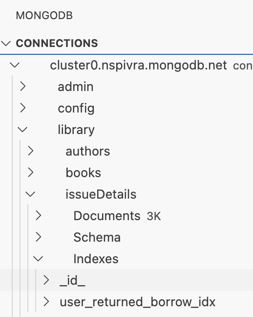 VS Code Extension showing the collection indexes