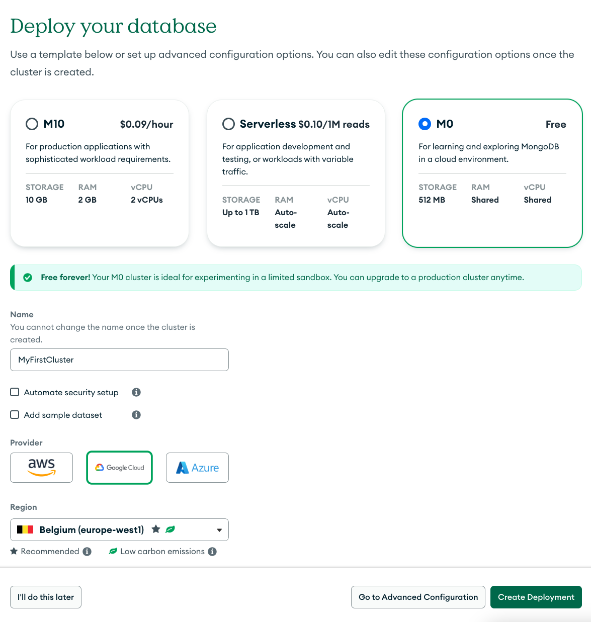 Create cluster screenshot