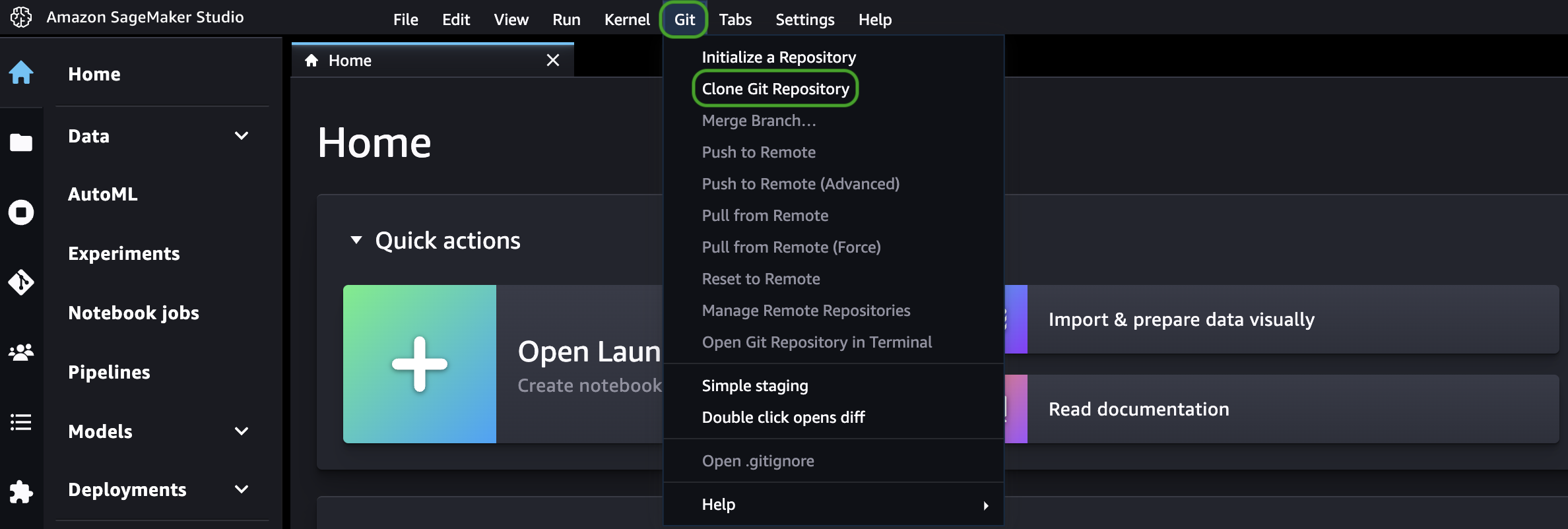 Clone Git Repository dropdown