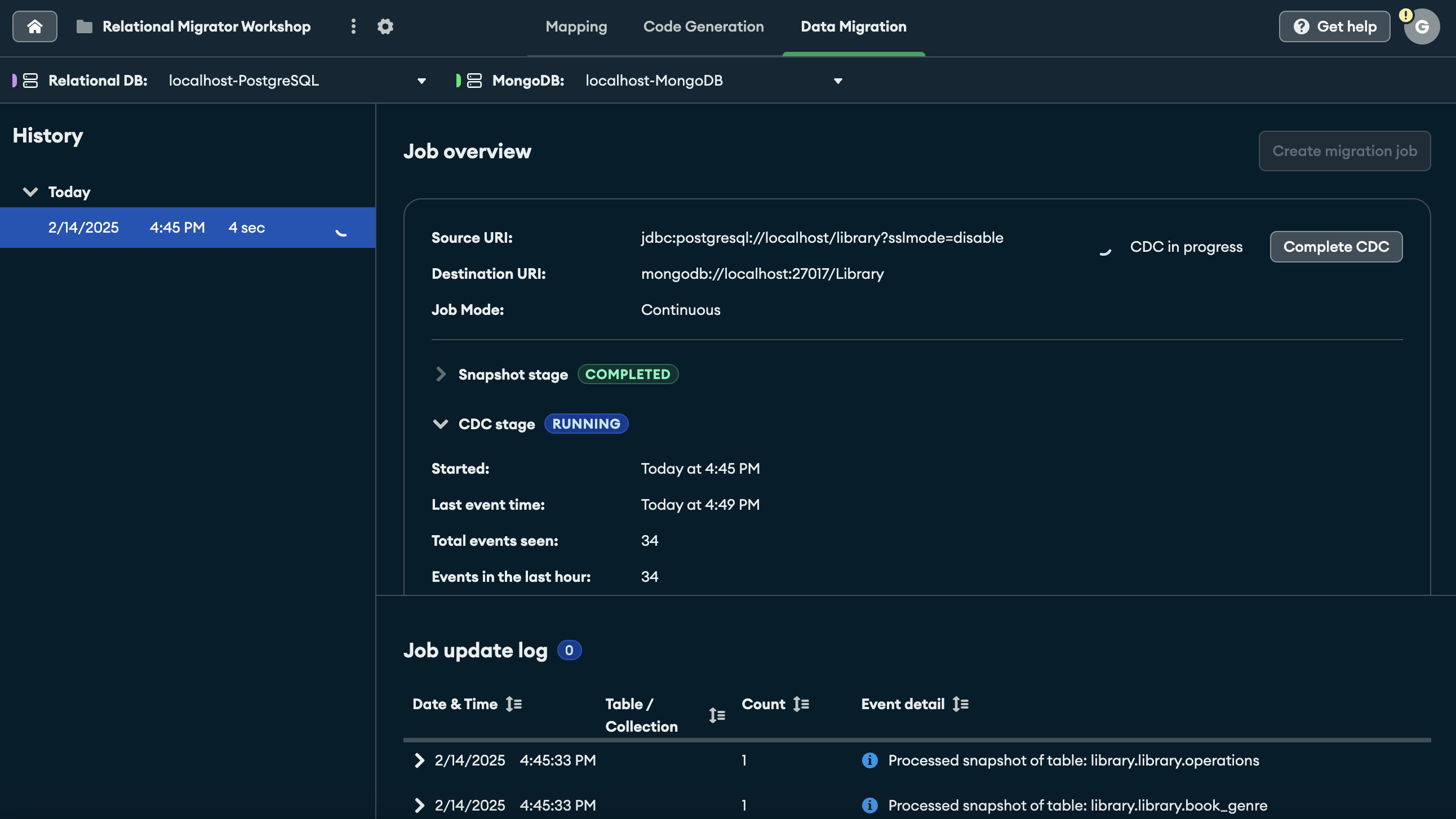 Screenshot of the Data Migration monitoring page