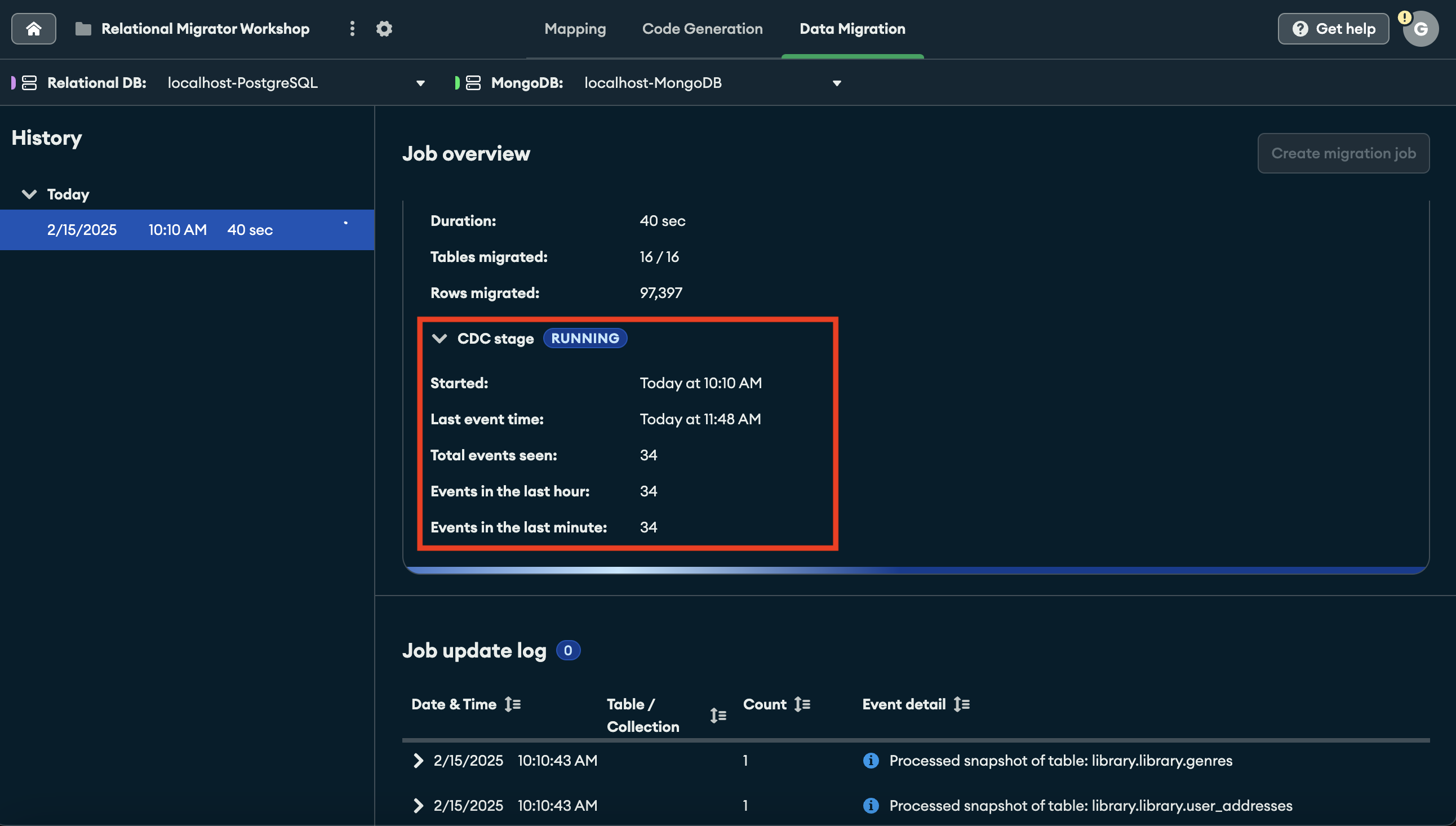 Screenshot of the Data Migration monitoring page