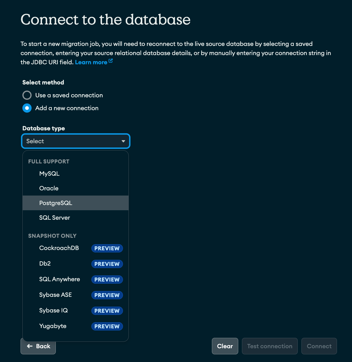 Selecting PostgreSQL as Database