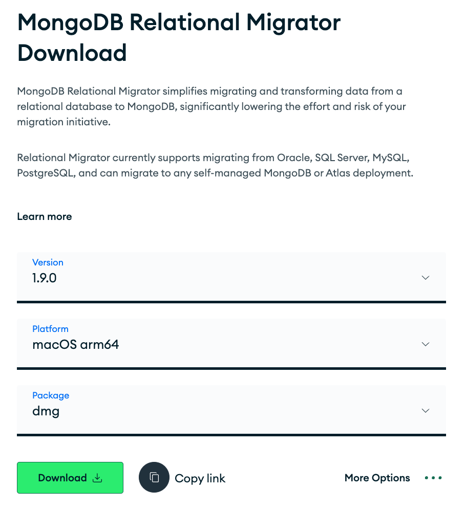 Screenshot of the download page for Relational Migrator