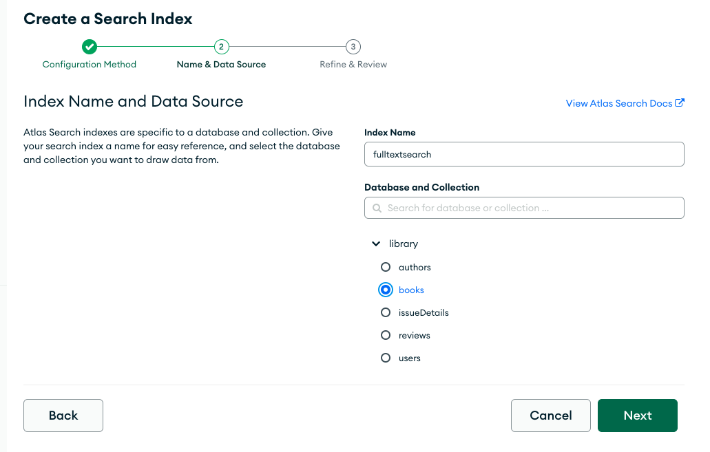 创建新搜索索引的 'Name & Data Source' 步骤