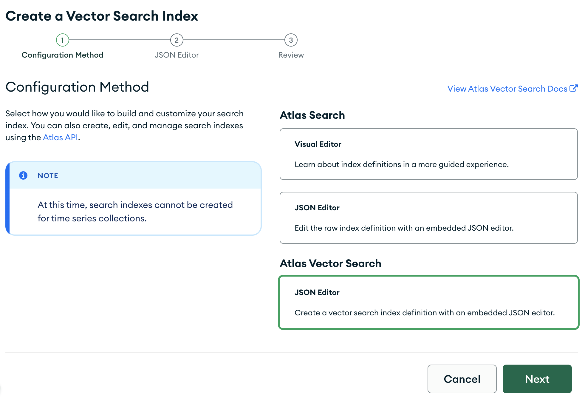 在 'Create Index' 页面中突出显示的 'JSON Editor' 标签