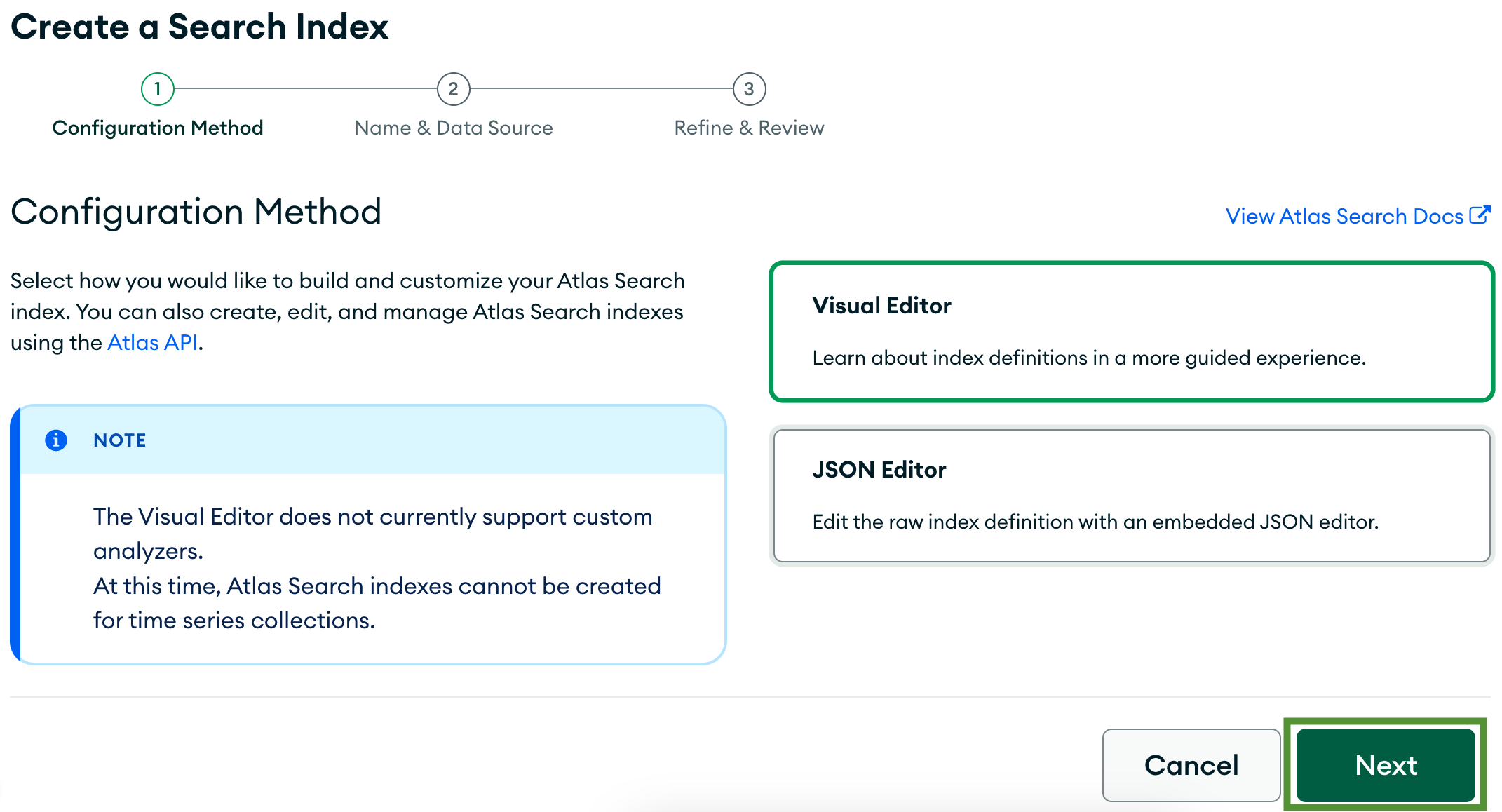 The 'Configuration Method' step of creating a new search index