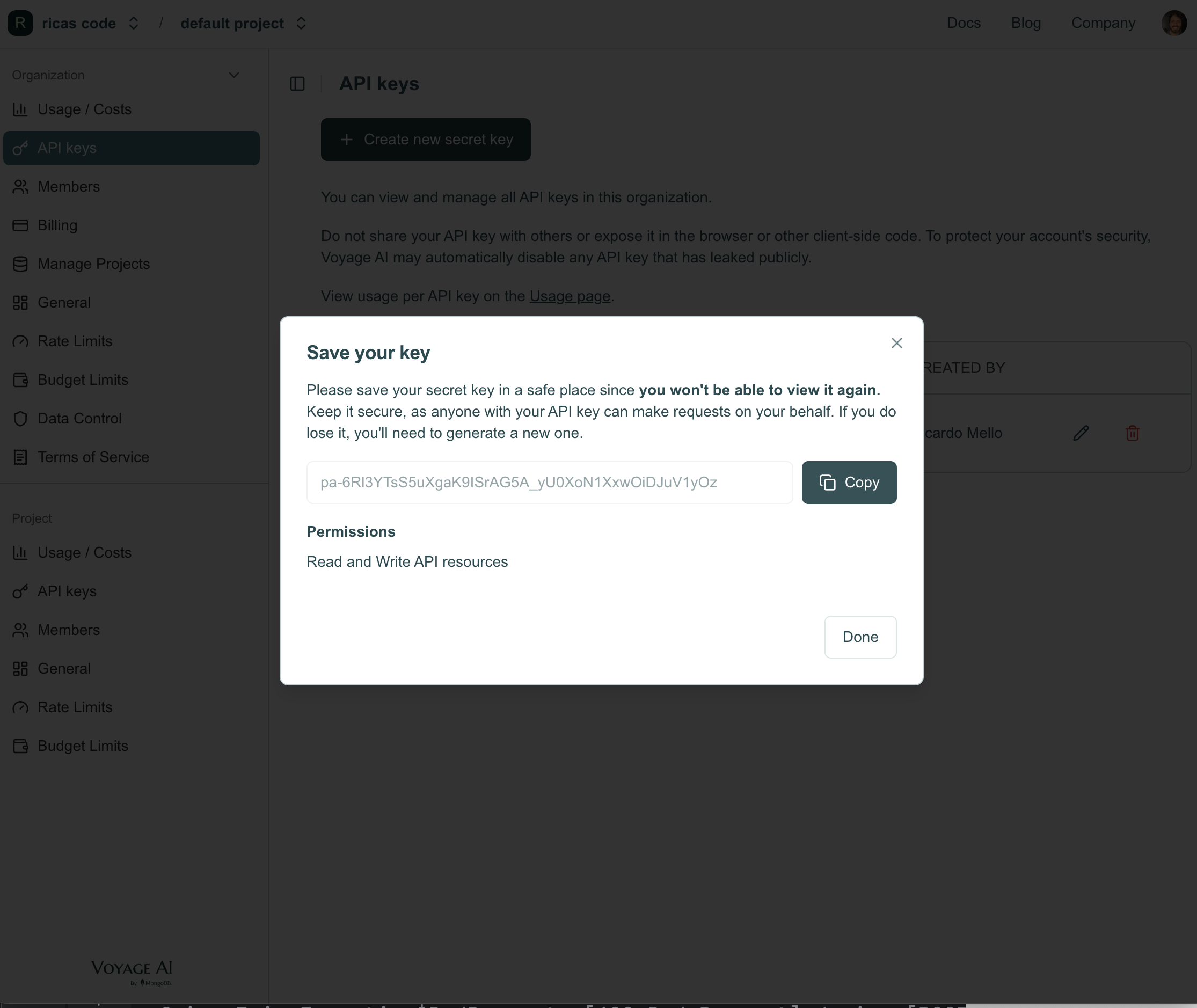 The Voyage AI API keys page