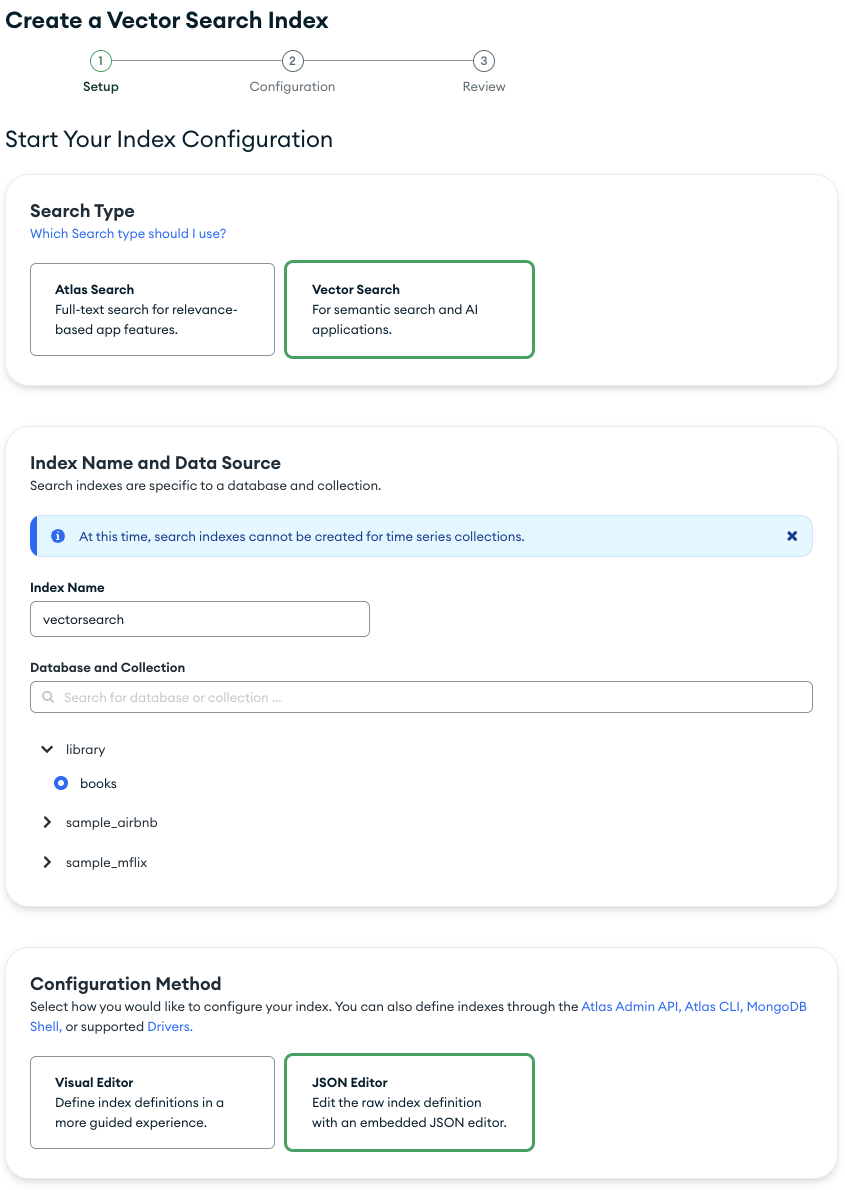 The 'Create Index' page with the 'JSON Editor' tab highlighted