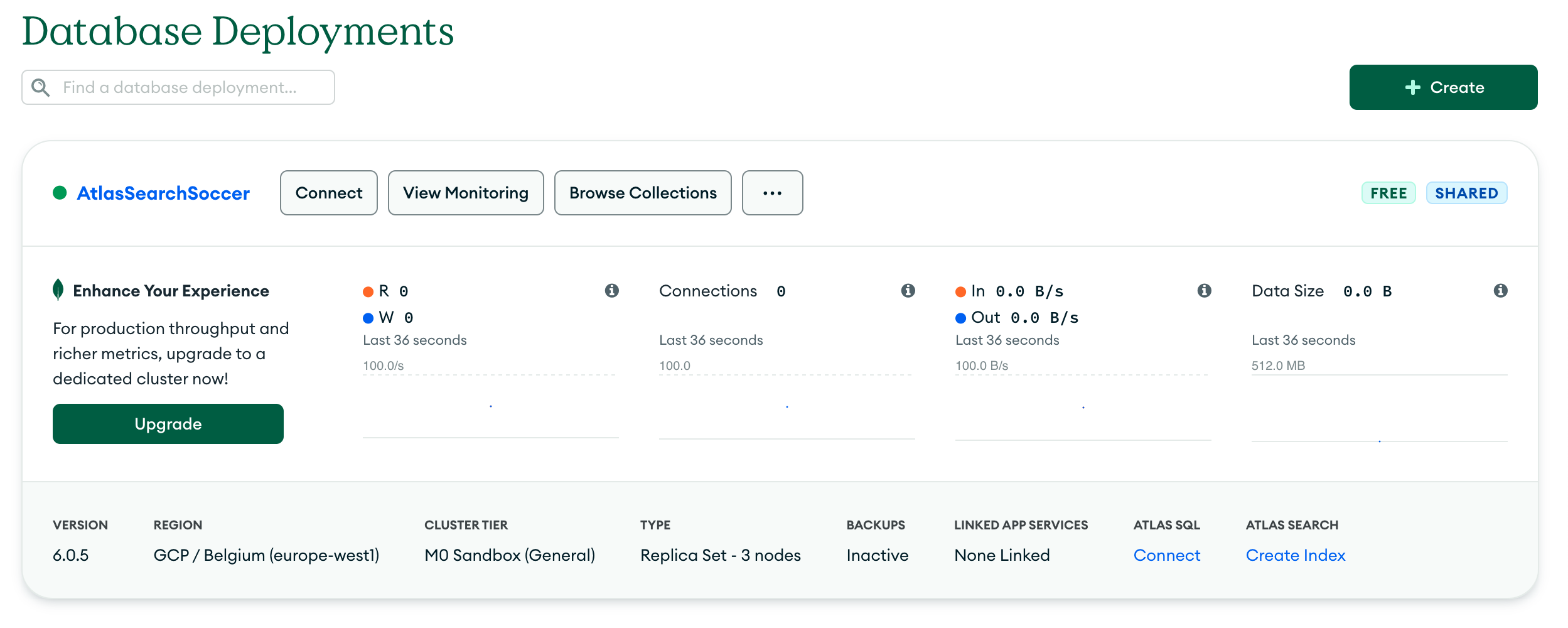 The 'Database Deployments' page with a database named 'AtlasSearchSoccer'