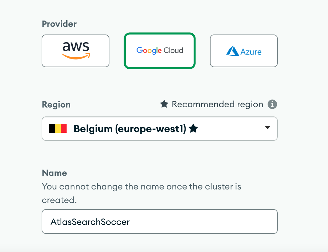 Configuration settings for cloud provider, region and database name