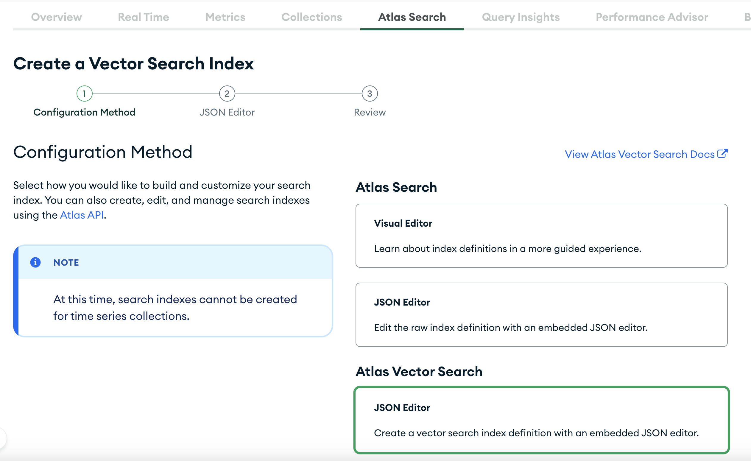 The 'Create Index' page with the 'JSON Editor' tab highlighted